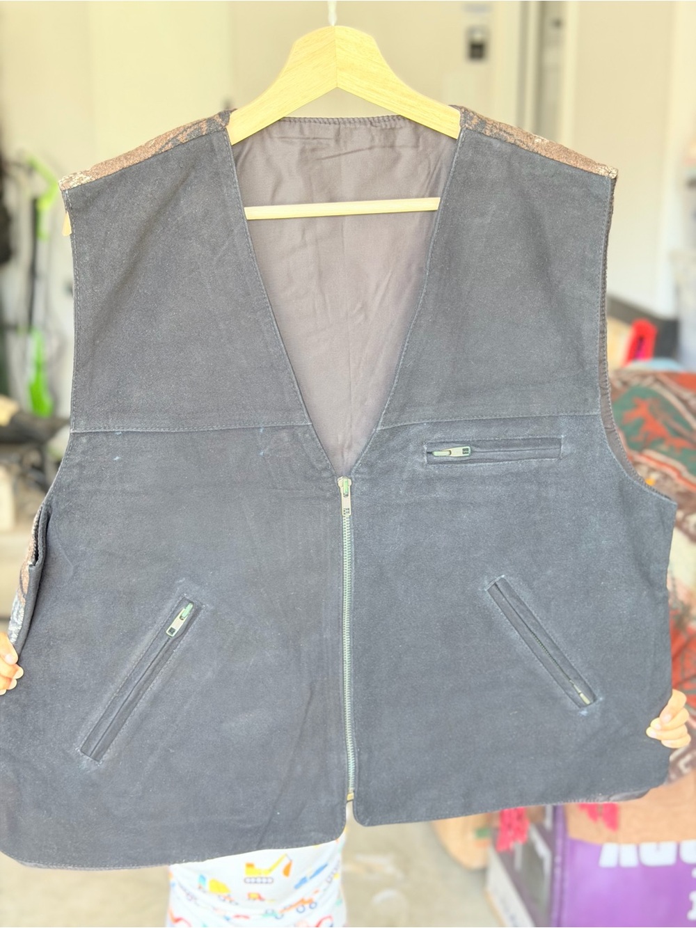 Men's Black Suede Zip Vest with Zippered Pockets genuine leather